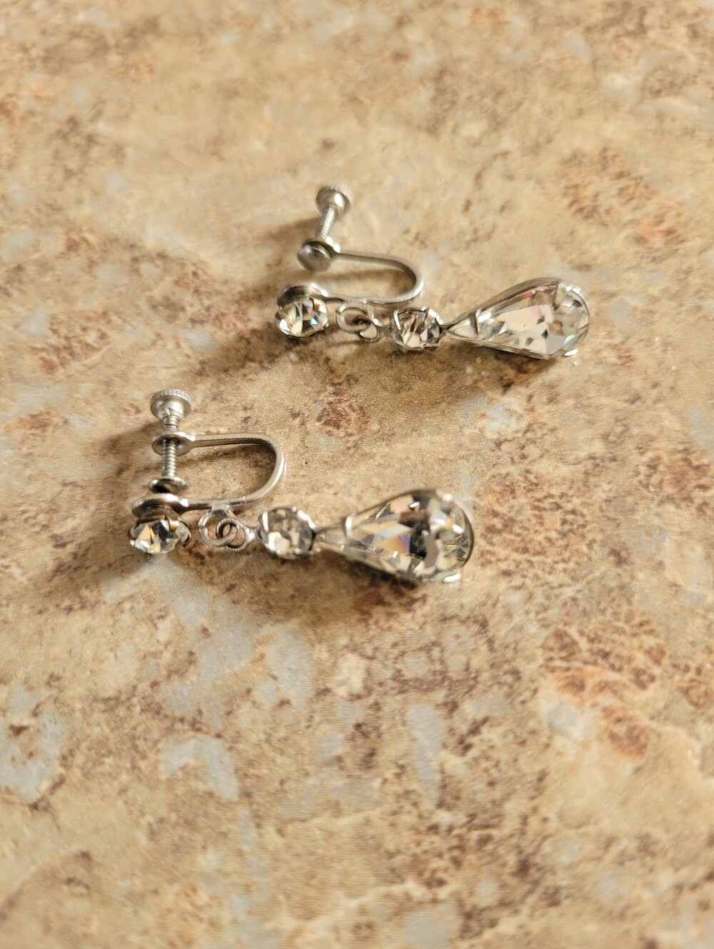 Vintage Estate Silver-Tone Clear Crystal Teardrop Screwback Earrings